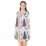 Christmas Trees Icons Long Sleeve V-neck Flare Dress
