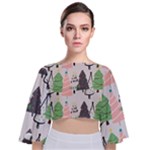 Christmas Trees Icons Tie Back Butterfly Sleeve Chiffon Top