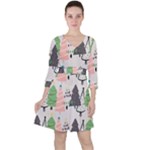 Christmas Trees Icons Quarter Sleeve Ruffle Waist Dress