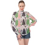 Christmas Trees Icons High Neck Long Sleeve Chiffon Top