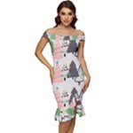 Christmas Trees Icons Off Shoulder Ruffle Split Hem Bodycon Dress