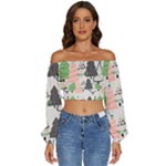 Christmas Trees Icons Long Sleeve Crinkled Weave Crop Top