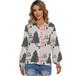 Christmas Trees Icons Women s Long Sleeve Button Up Shirt