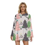 Christmas Trees Icons Round Neck Long Sleeve Bohemian Style Chiffon Mini Dress