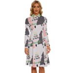 Christmas Trees Icons Long Sleeve Shirt Collar A-Line Dress