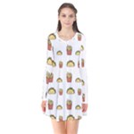 Fries Taco Pattern Fast Food Long Sleeve V-neck Flare Dress