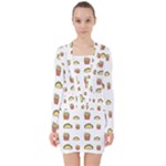 Fries Taco Pattern Fast Food V-neck Bodycon Long Sleeve Dress