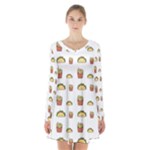 Fries Taco Pattern Fast Food Long Sleeve Velvet V-neck Dress