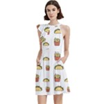 Fries Taco Pattern Fast Food Cocktail Party Halter Sleeveless Dress With Pockets