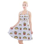 Fries Taco Pattern Fast Food Halter Party Swing Dress 