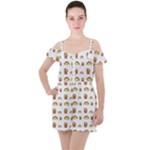 Fries Taco Pattern Fast Food Ruffle Cut Out Chiffon Playsuit