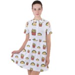 Fries Taco Pattern Fast Food Short Sleeve Shoulder Cut Out Dress 