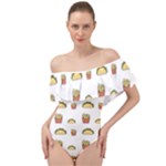 Fries Taco Pattern Fast Food Off Shoulder Velour Bodysuit 
