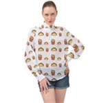 Fries Taco Pattern Fast Food High Neck Long Sleeve Chiffon Top