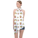 Fries Taco Pattern Fast Food Halter Asymmetric Satin Top