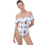 Fries Taco Pattern Fast Food Frill Detail One Piece Swimsuit