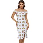 Fries Taco Pattern Fast Food Off Shoulder Ruffle Split Hem Bodycon Dress