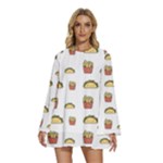 Fries Taco Pattern Fast Food Round Neck Long Sleeve Bohemian Style Chiffon Mini Dress