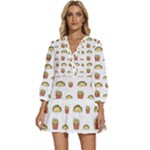 Fries Taco Pattern Fast Food V-Neck Placket Mini Dress