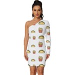 Fries Taco Pattern Fast Food Long Sleeve One Shoulder Mini Dress