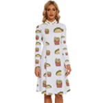 Fries Taco Pattern Fast Food Long Sleeve Shirt Collar A-Line Dress