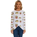 Fries Taco Pattern Fast Food Long Sleeve Crew Neck Pullover Top