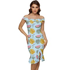 Off Shoulder Ruffle Split Hem Bodycon Dress 