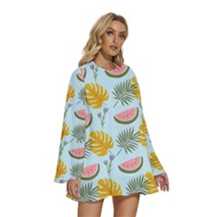 Round Neck Long Sleeve Bohemian Style Chiffon Mini Dress 