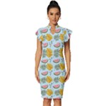 Summer Pattern Texture Vibes Vintage Frill Sleeve V-Neck Bodycon Dress
