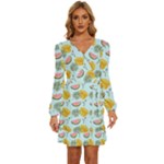 Summer Pattern Texture Vibes Long Sleeve Waist Tie Ruffle Velvet Dress