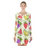 Fruits Pattern Background Food Long Sleeve Velvet V-neck Dress