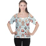 Christmas Cartoon Pattern Cutout Shoulder T-Shirt