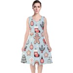 Christmas Cartoon Pattern V-Neck Midi Sleeveless Dress 