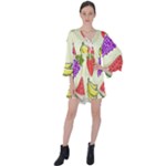 Fruits Pattern Background Food V-Neck Flare Sleeve Mini Dress