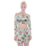 Christmas Cartoon Pattern Off Shoulder Top with Mini Skirt Set