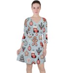 Christmas Cartoon Pattern Quarter Sleeve Ruffle Waist Dress