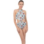 Christmas Cartoon Pattern Halter Side Cut Swimsuit