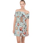 Christmas Cartoon Pattern Off Shoulder Chiffon Dress