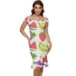 Fruits Pattern Background Food Off Shoulder Ruffle Split Hem Bodycon Dress