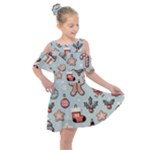 Christmas Cartoon Pattern Kids  Shoulder Cutout Chiffon Dress