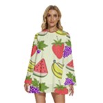 Fruits Pattern Background Food Round Neck Long Sleeve Bohemian Style Chiffon Mini Dress