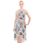 Christmas Cartoon Pattern High-Low Halter Chiffon Dress 