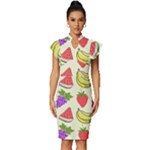 Fruits Pattern Background Food Vintage Frill Sleeve V-Neck Bodycon Dress
