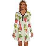 Fruits Pattern Background Food Long Sleeve Deep V Mini Dress 