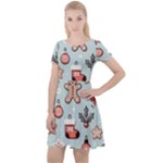 Christmas Cartoon Pattern Cap Sleeve Velour Dress 