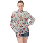 Christmas Cartoon Pattern High Neck Long Sleeve Chiffon Top