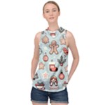 Christmas Cartoon Pattern High Neck Satin Top