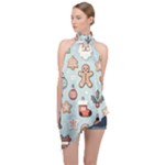 Christmas Cartoon Pattern Halter Asymmetric Satin Top