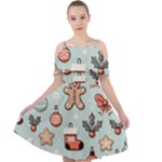 Christmas Cartoon Pattern Cut Out Shoulders Chiffon Dress