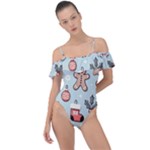 Christmas Cartoon Pattern Frill Detail One Piece Swimsuit